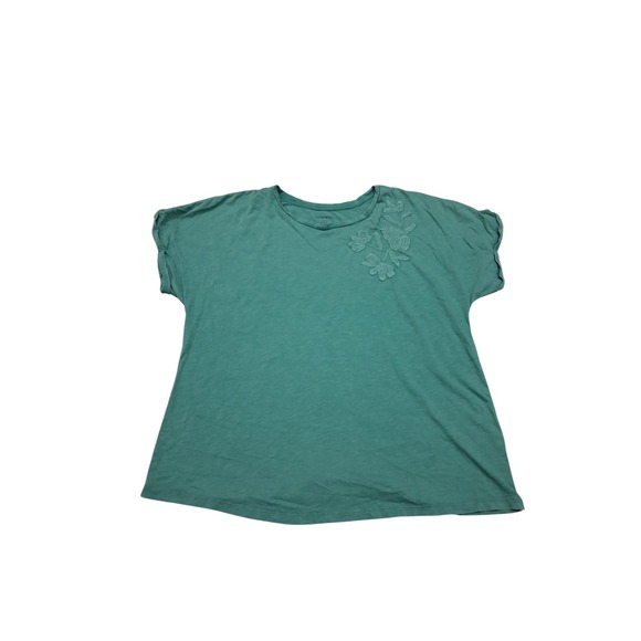 Knox Rose Tops - Knox Rose Womens XL Green Slub Knit Floral Embroidered Short Sleeve T-Shirt